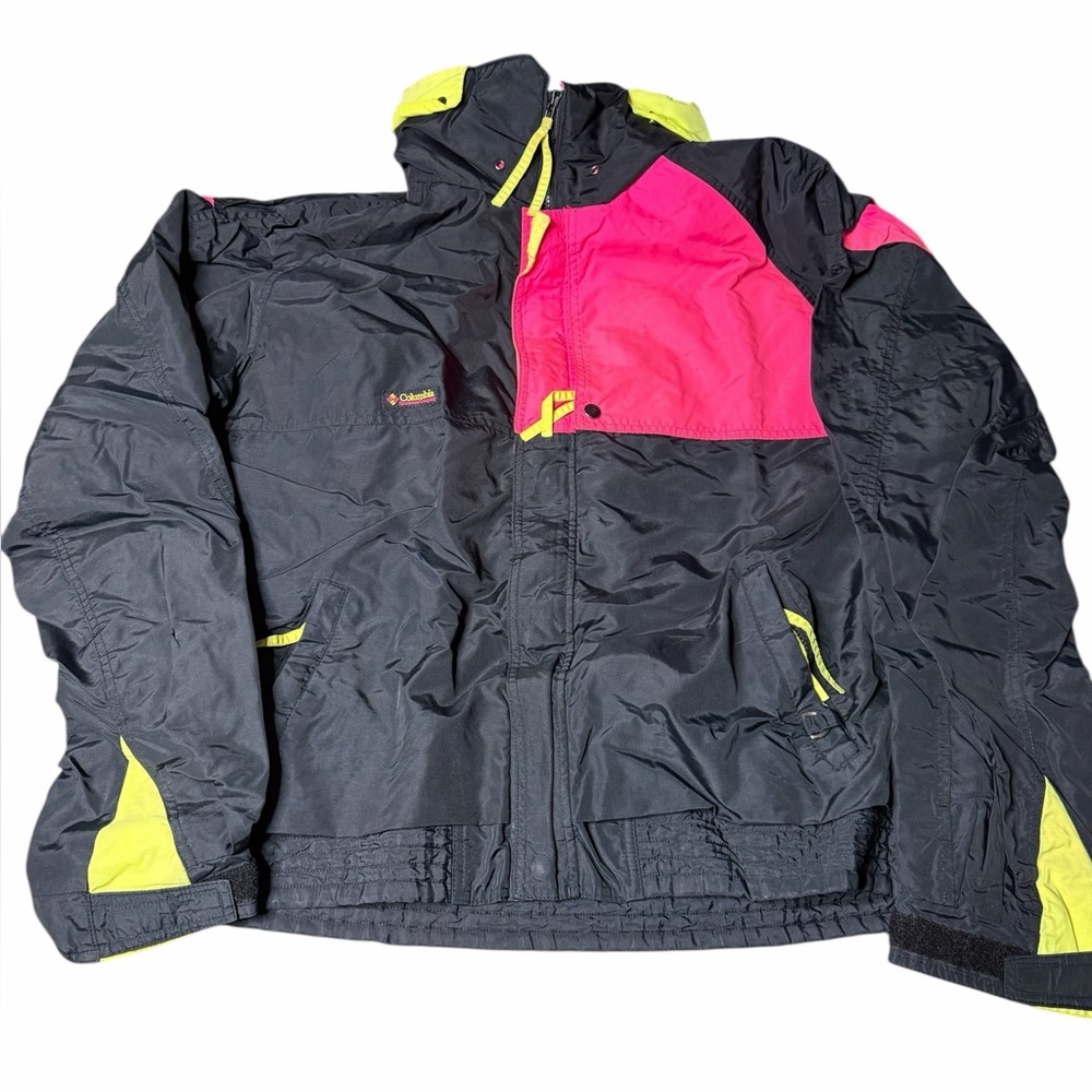 Vintage Columbia Ski Jacket Mens XL Black Pink Neon Hooded 90s